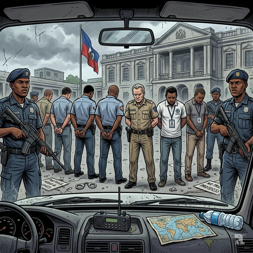 Handcuffed police and heritage officials arrested over Haiti stampede stand outside Port-au-Prince police station.