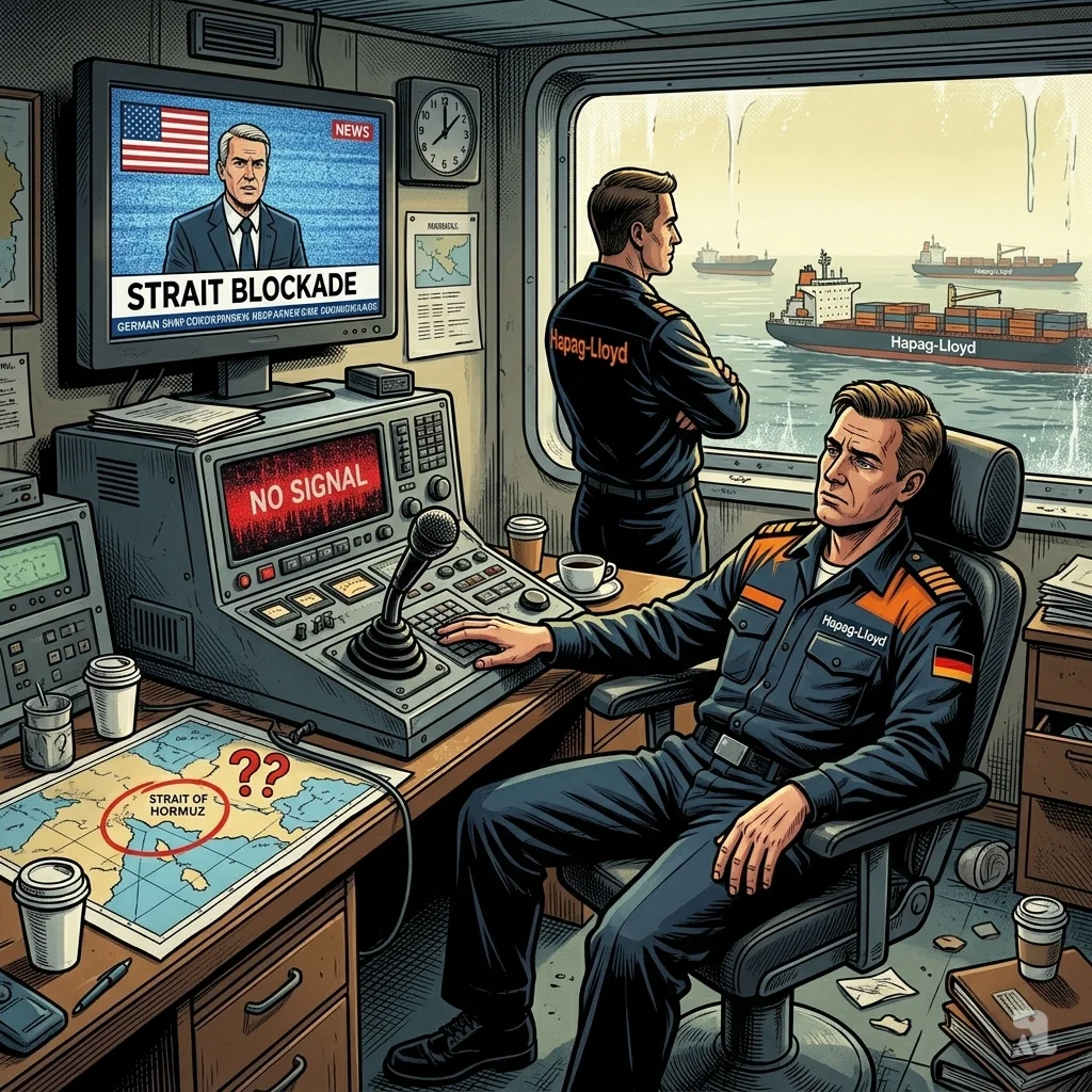 Hapag-Lloyd bridge interior shows crew monitoring news broadcast amid official radio silence and isolation.