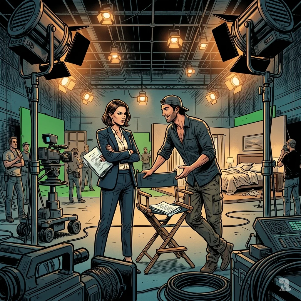 Tense confrontation on Hollywood film set between actress and director over script pages.