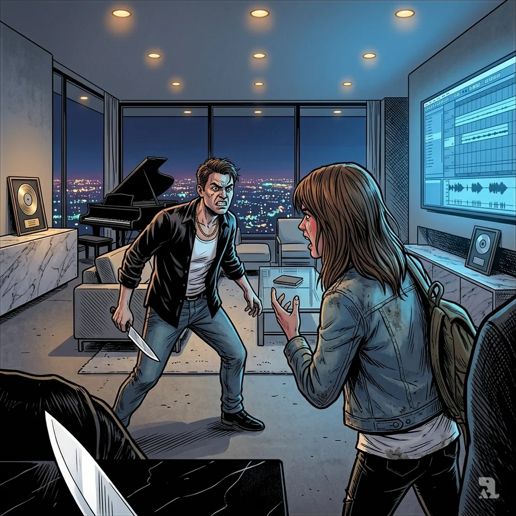Tension-filled Hollywood Hills interior with Burke concealing a knife while facing a teen girl.