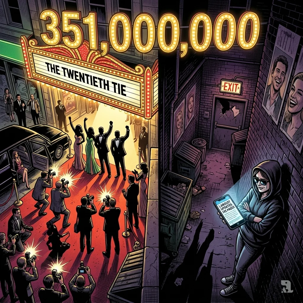 Movie marquee shows $351 million box office as woman watches from dark alley.