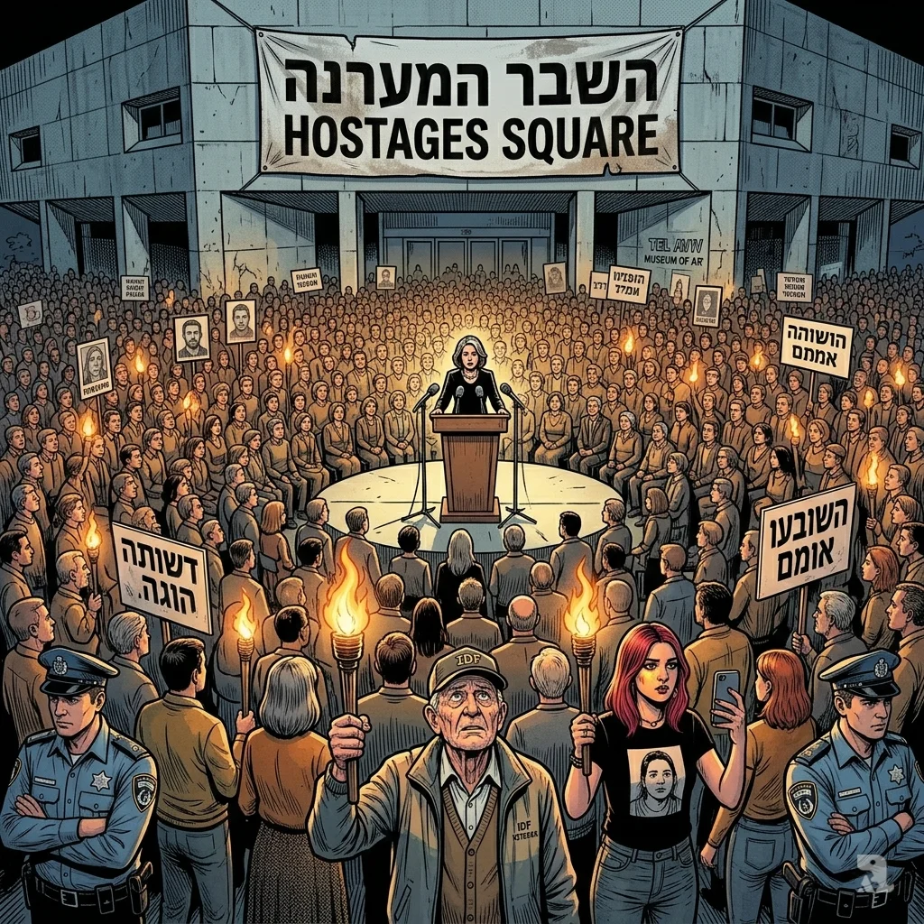Massive crowd holds torches at Tel Aviv's Hostages Square demanding return of captives from Gaza.