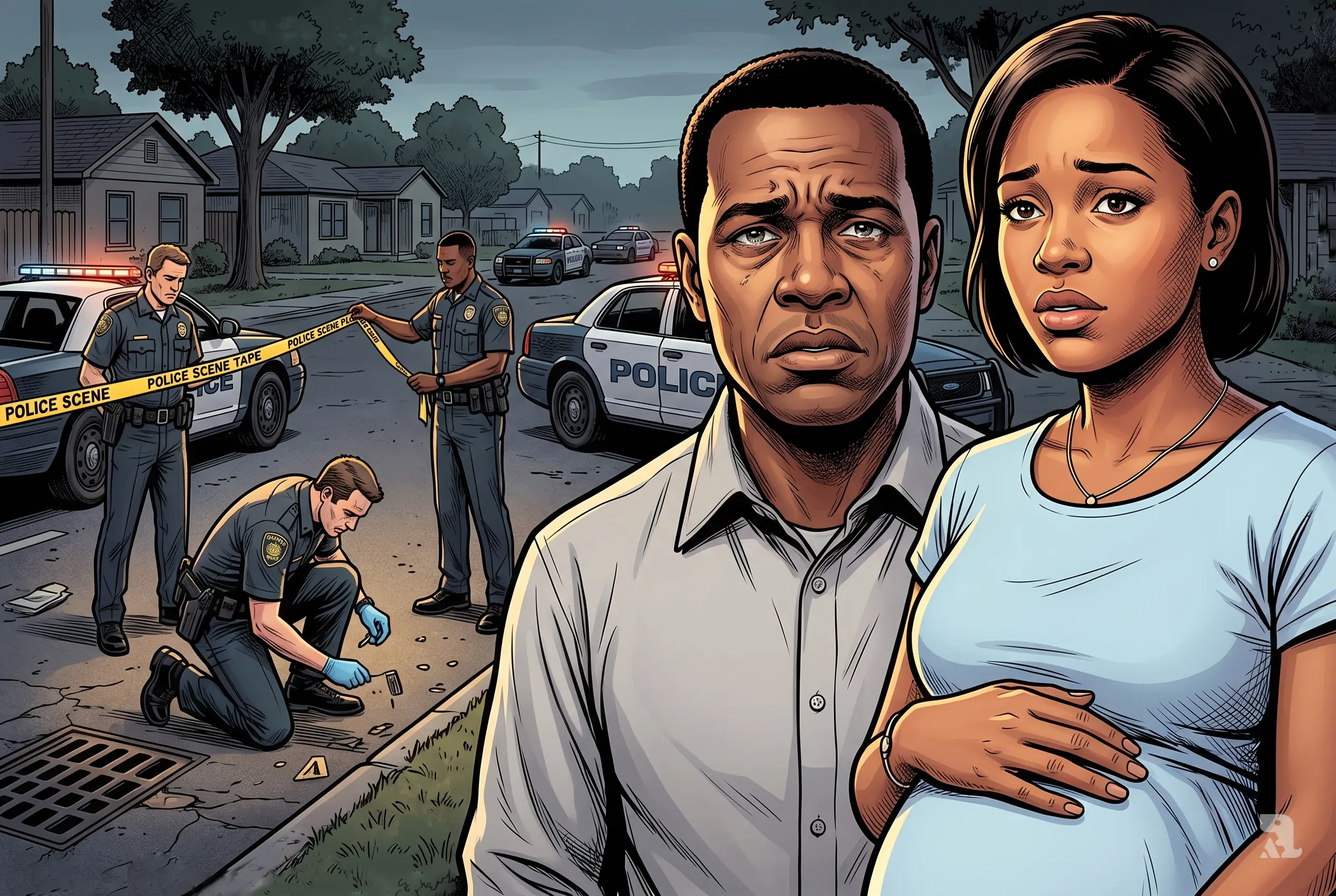 Cinematic illustration of pregnant woman Ashanti Allen and grieving father in foreground, with police searching taped-off Houston scene behind, conveying tragedy and emotional loss.