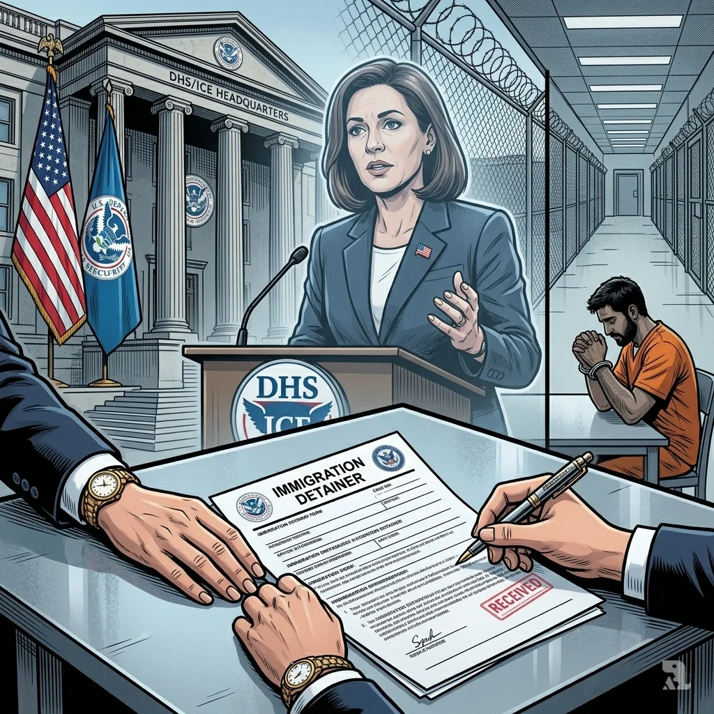 ICE agent places immigration detainer form on table as Singh sits cuffed in background.