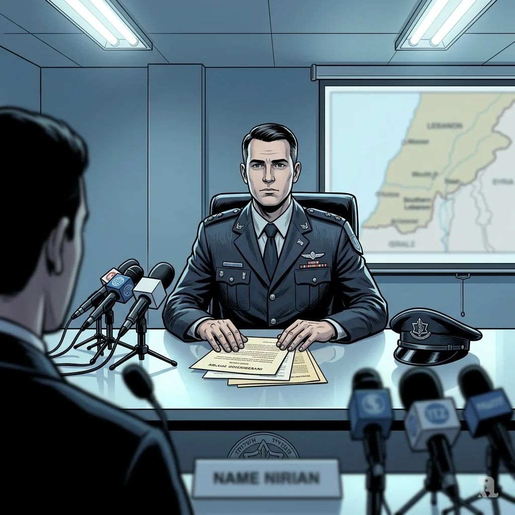 Israeli military spokesperson sits rigidly at a sterile press conference table, hands flat on investigation documents.