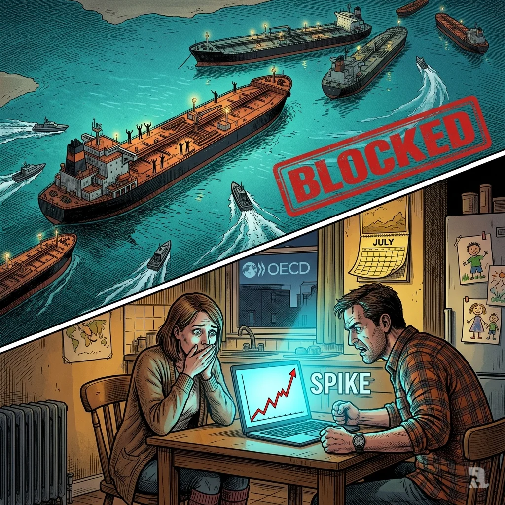 Blockaded oil tankers in Strait of Hormuz above a British couple staring at soaring energy bills on laptop.