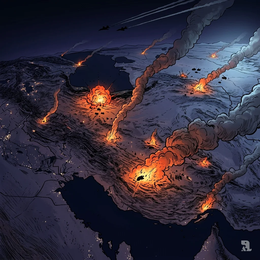 Aerial night view of multiple explosions illuminating Iranian terrain with orange fireballs and drifting smoke columns.