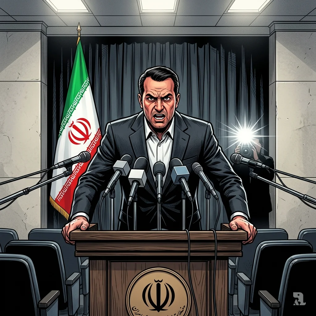Iranian government spokesperson grips the podium, denouncing the maritime seizure as armed piracy before a large national flag and press microphones.