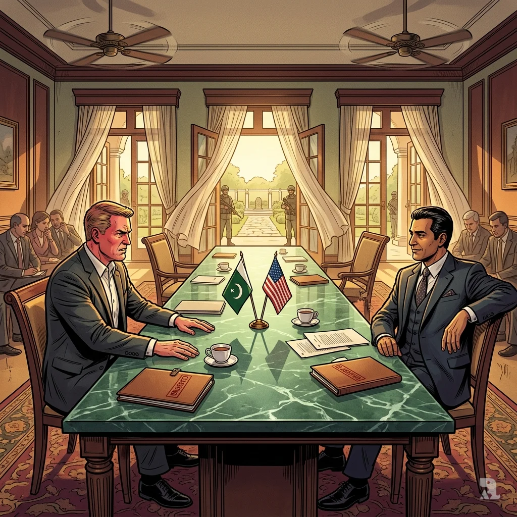 U.S. negotiator and Iranian counterpart at diplomatic stalemate in Islamabad chamber, flags on marble table, American frustration, Iranian composure.