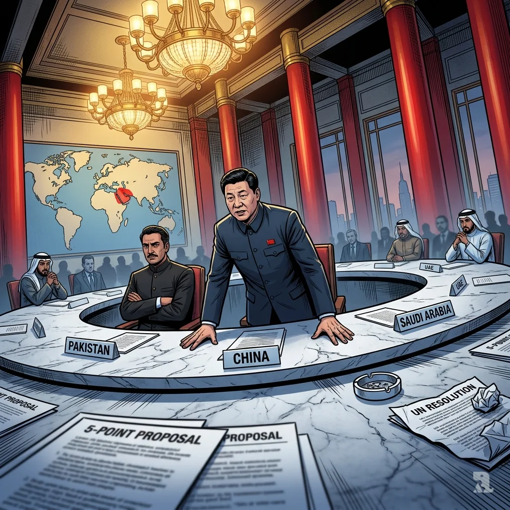 Chinese diplomat presents 5-point proposal at Beijing’s Great Hall, as Gulf delegates turn away dismissively.