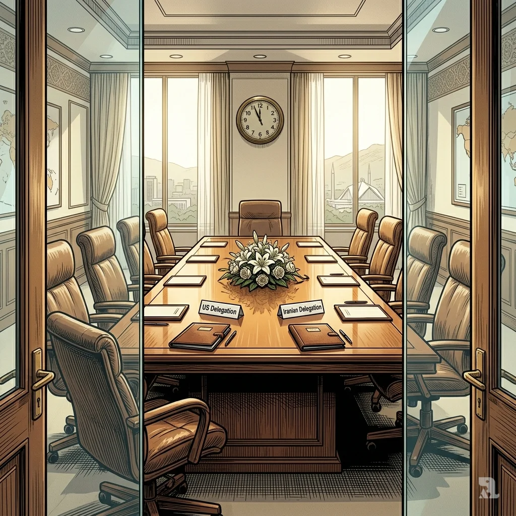 Empty diplomatic conference room in Islamabad with prepared documents and wilting flowers on polished table.