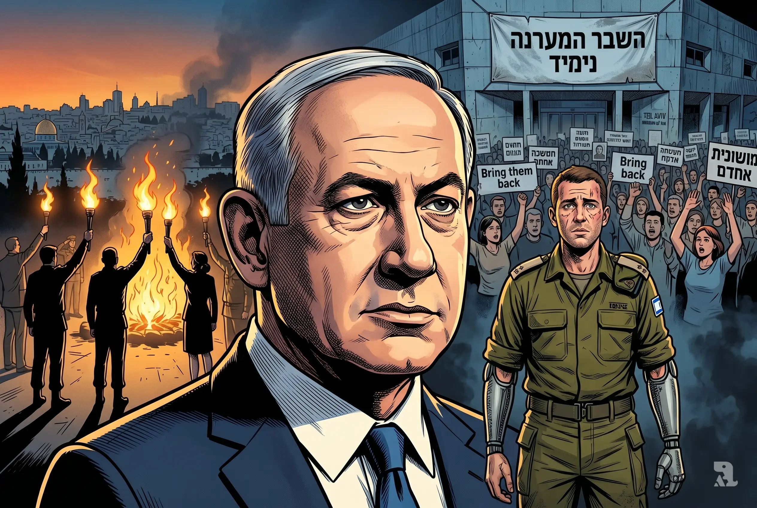 Netanyahu and injured Israeli soldier in foreground with torch ceremony and protest crowd in background at Mount Herzl, showing national division and political tension scene.