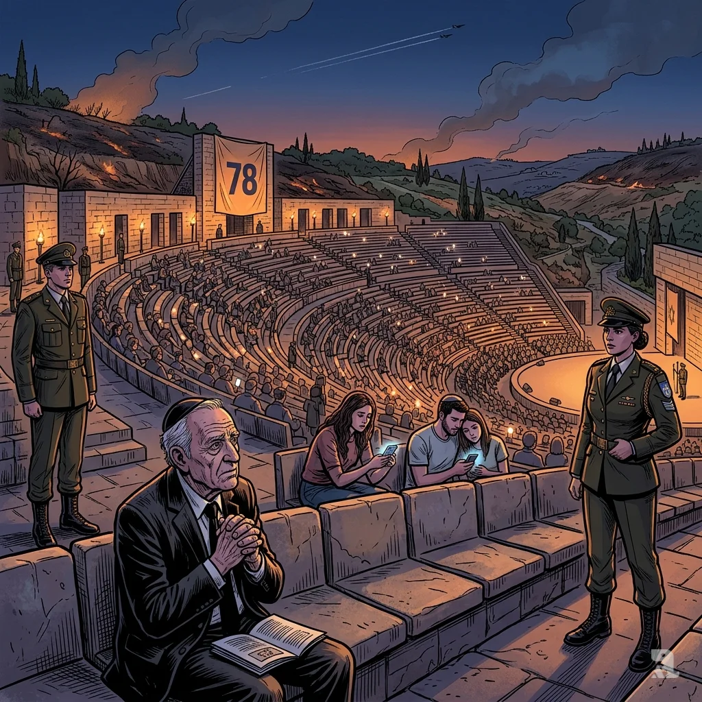Torch-lit Mount Herzl amphitheater in Jerusalem fills with attendees marking the 78th anniversary ceremony after a two-year absence.