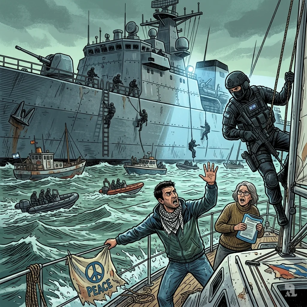 Israeli naval corvette and commandos intercept a small civilian sailboat in international waters, activists raise hands in protest and surrender.