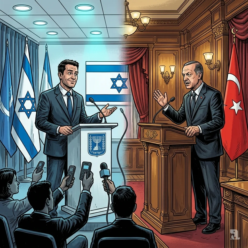 Split composition: Israeli spokesperson dismissive at press briefing, Turkish official outraged in diplomatic chamber, reflecting clashing political responses.
