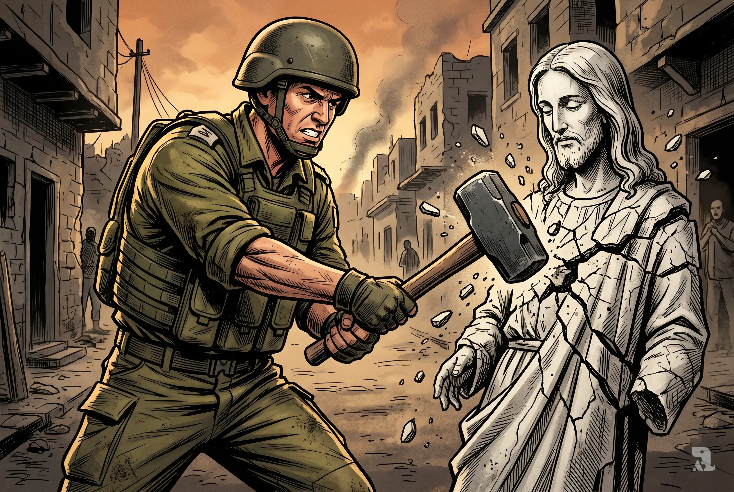 Israeli soldier smashing Jesus statue with sledgehammer in southern Lebanon village, debris flying, tense expression, dramatic lighting, symbolic destruction amid conflict setting.