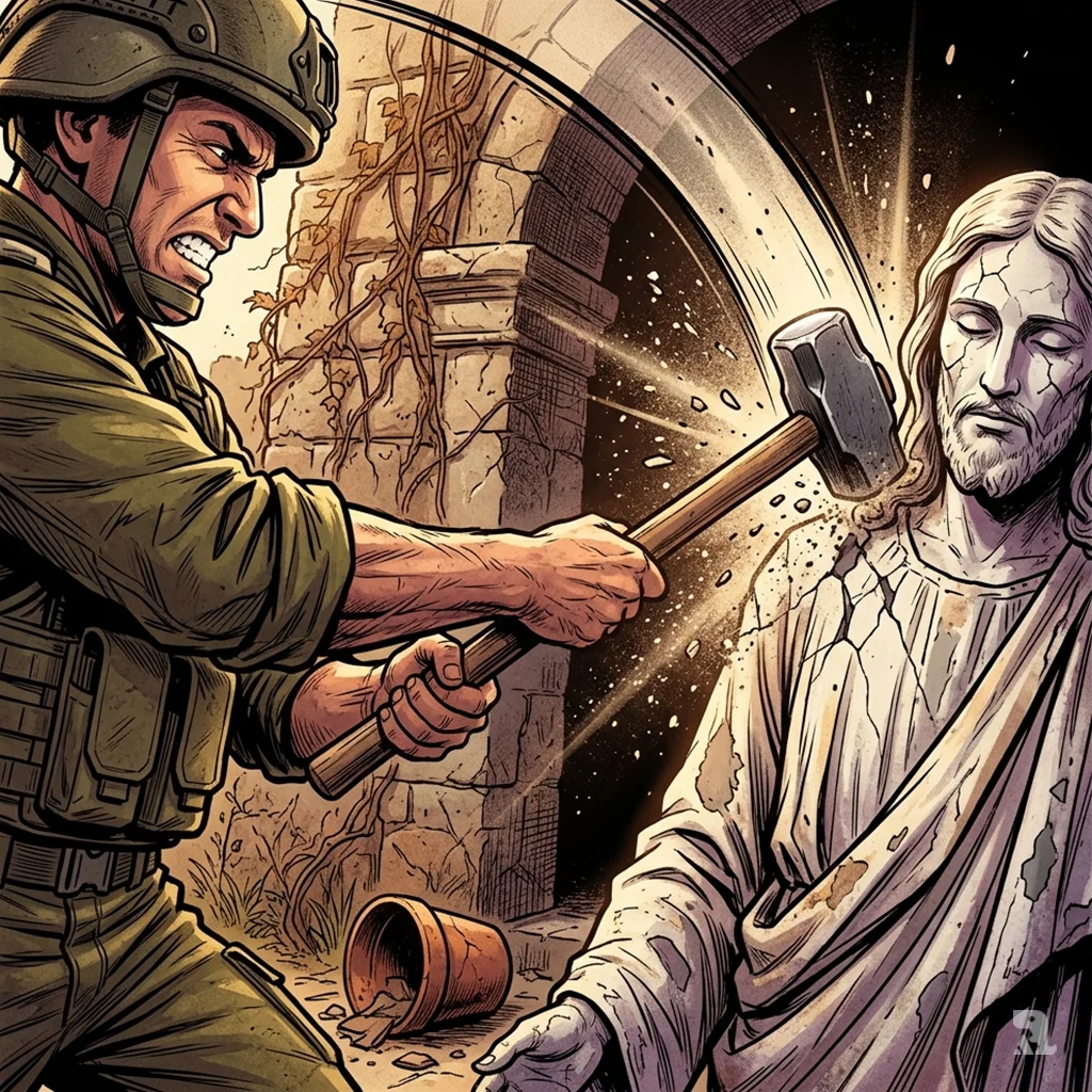 Israeli soldier swings sledgehammer at a weathered Jesus statue in a Lebanese church courtyard. Dust explodes from impact.