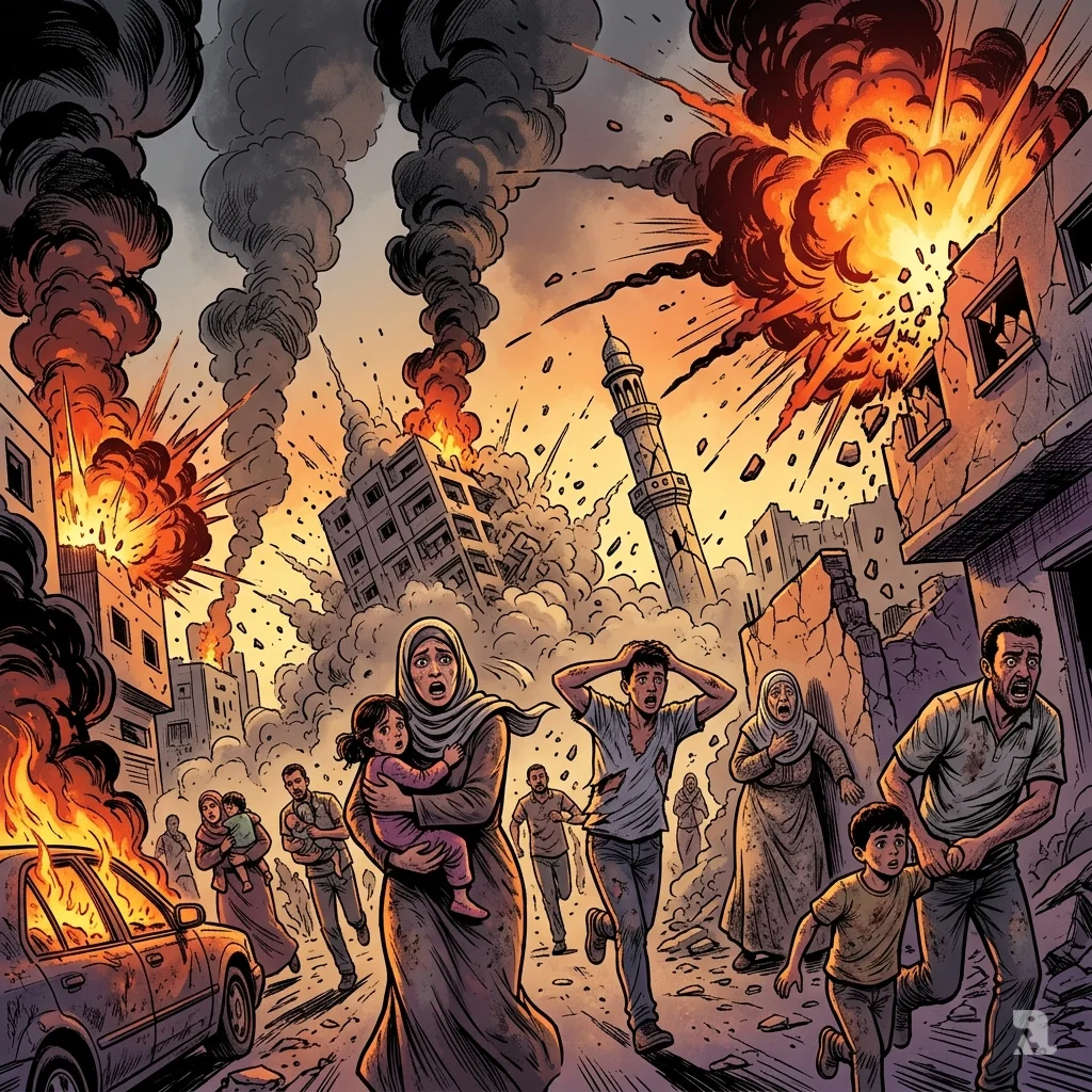 Wide shot of explosions consuming Beit Hanoon; residents flee as fireballs hit buildings, the mosque minaret cracks, and thick smoke chokes the sky.