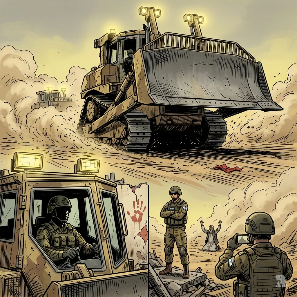 Low-angle view of a military bulldozer advancing on a Beit Hanoon home; a soldier with an Israeli flag patch watches, a child’s handprint visible on the wall.