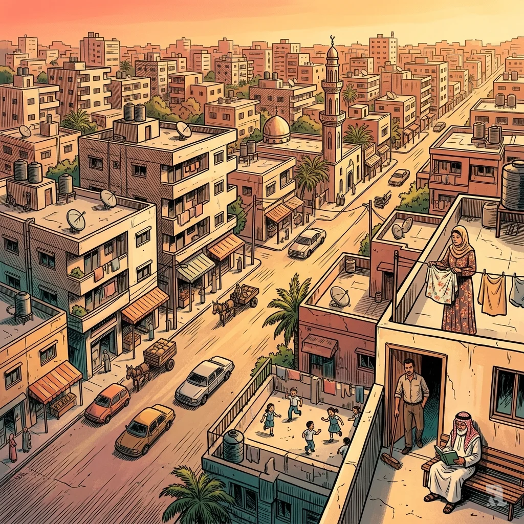 Bird’s-eye view of Beit Hanoon, Gaza: dense apartment blocks, children playing, laundry on balconies, and a mosque minaret in warm golden light.