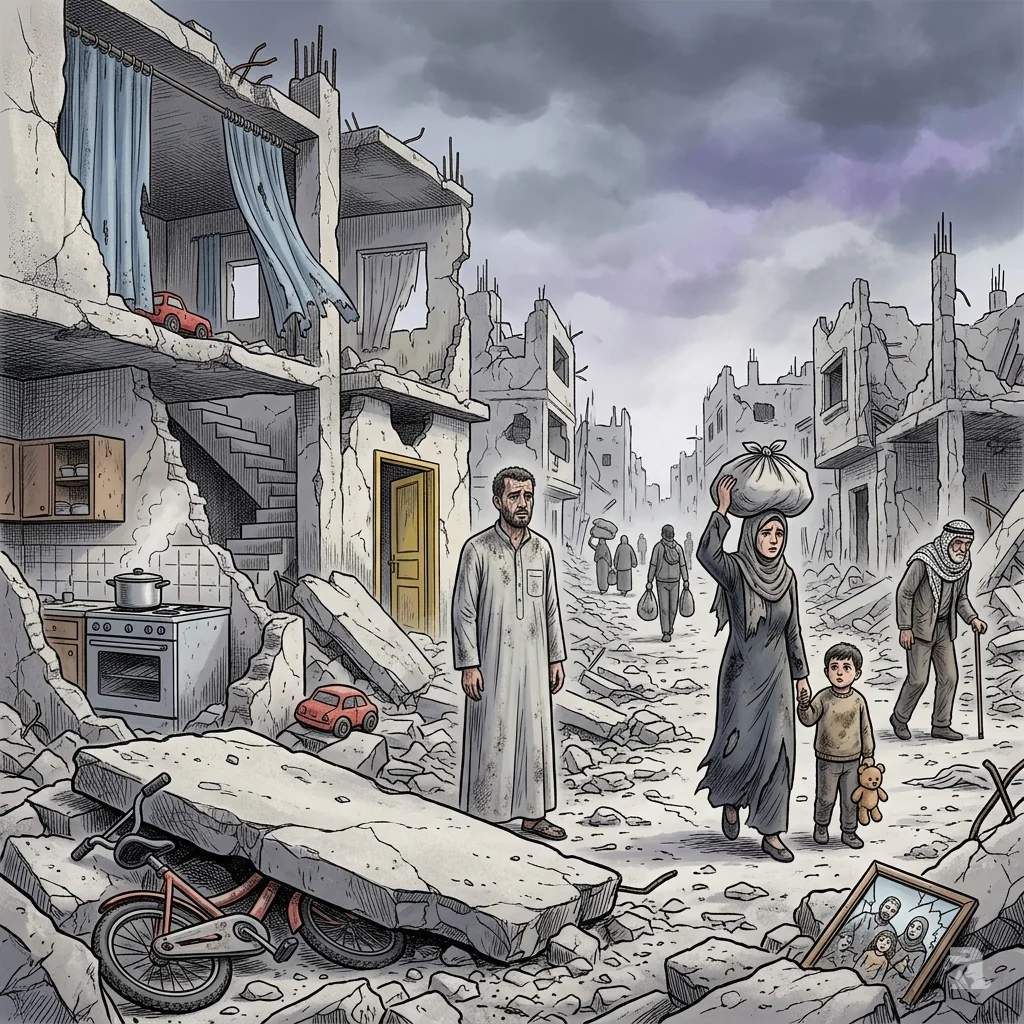 Eye-level view of devastated Beit Hanoon: collapsed buildings, twisted rebar, a crushed bicycle, and dust-covered people walking away with salvaged possessions.