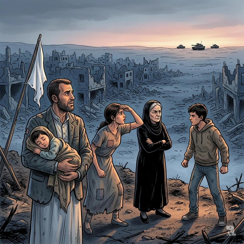 Survivors at the town’s edge look toward a faint horizon light; a father holds a sleeping child, a white flag hangs limp, and distant military vehicles are visible.