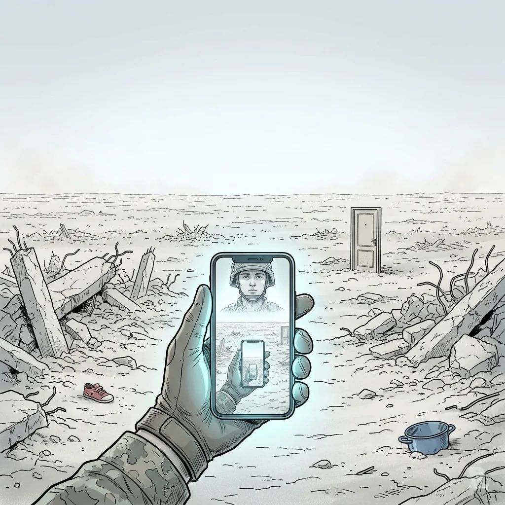 Panoramic smartphone view held by an Israeli soldier’s gloved hand shows totally erased Beit Hanoon; only scattered shoes and a lone door remain in the dusty void.