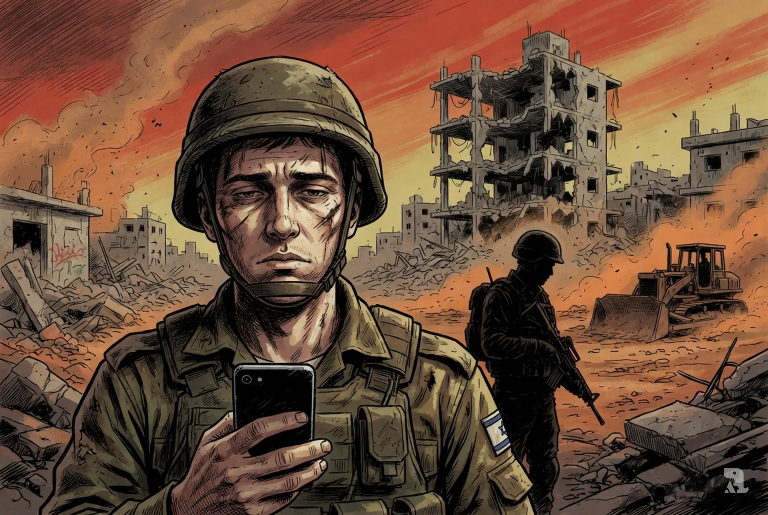 Israeli soldier holding phone stands before flattened Gaza town ruins, secondary soldier in background, rubble landscape, dramatic sky, conveying destruction, tension, and aftermath.