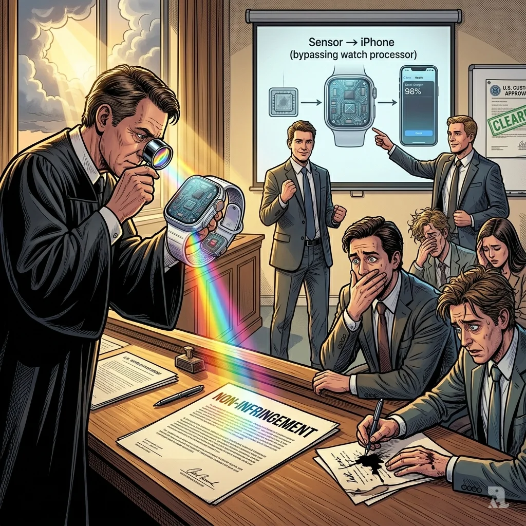 ITC judge examines redesigned Apple Watch with loupe as Masimo legal team reacts to non-infringement ruling.