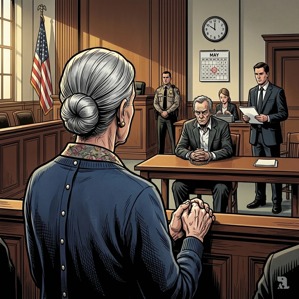 Jackie O'Brien watches from gallery as elderly Mitchell Gaff sits cuffed during Everett sentencing.