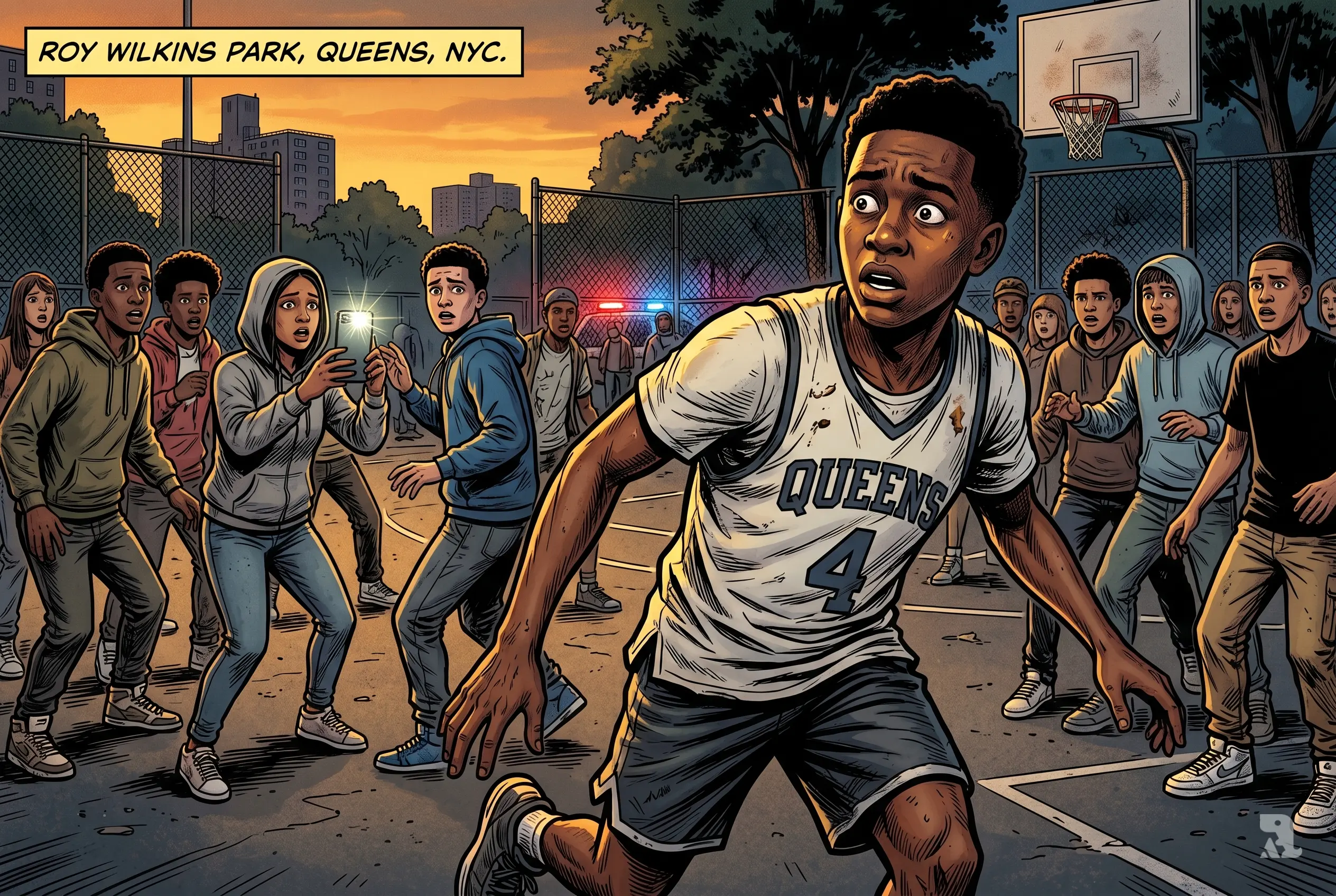 Teen boy on basketball court surrounded by crowd filming on phones as chaos unfolds, capturing moment of violence and shock in urban park setting.