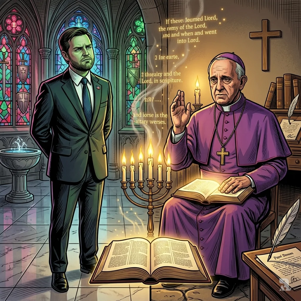 JD Vance stands in cathedral confronting seated Bishop Massa who gestures calmly from theological study.