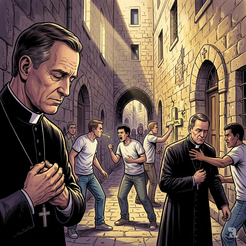 Christian clergyman in Jerusalem alley endures spit and verbal abuse from passersby in a freeze-frame of repeated aggression.