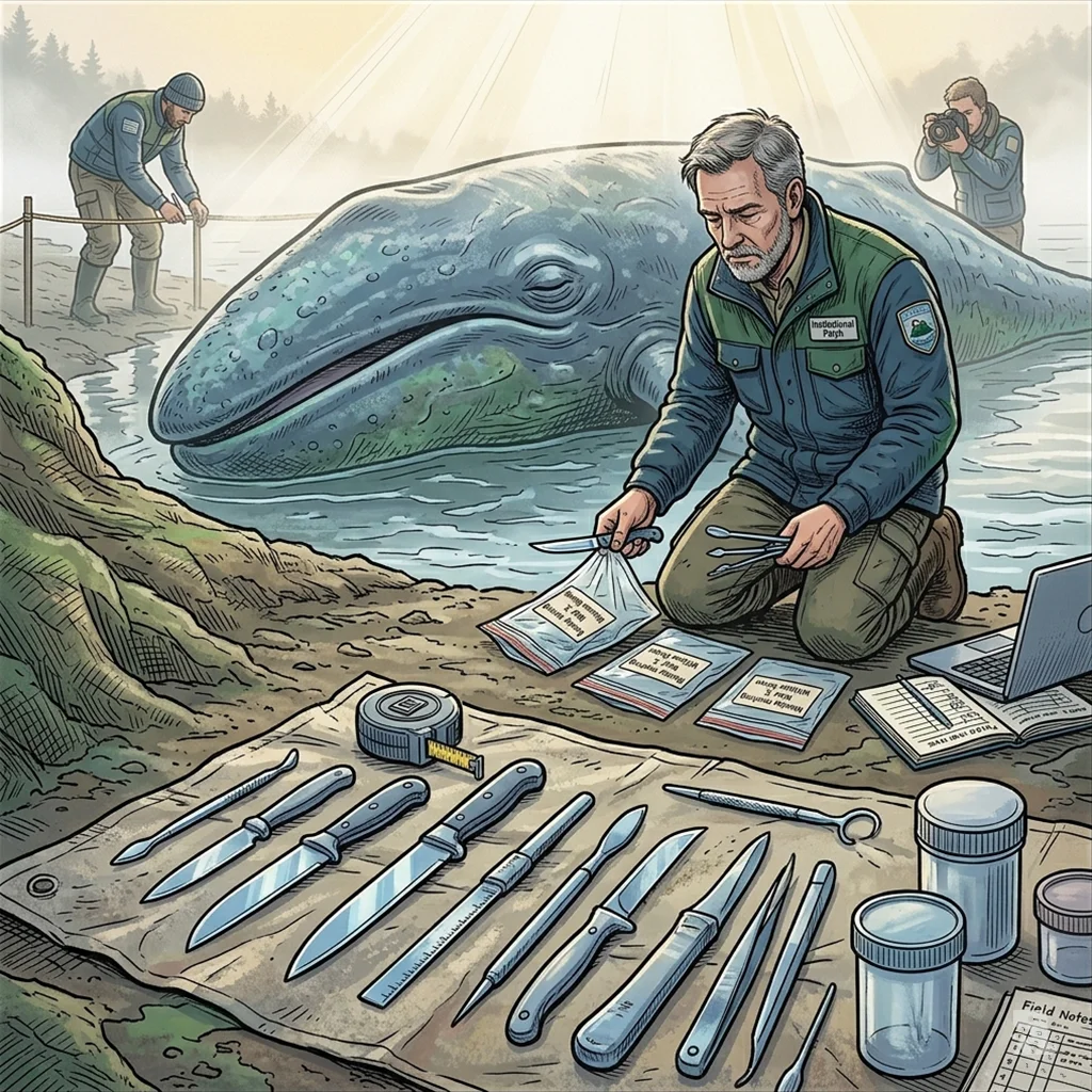 Necropsy tools on tarp. Biologist John Calambokidis kneels preparing examination of whale carcass in morning mist.