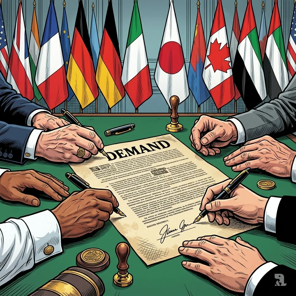 Multiple hands from different nations signing joint diplomatic document against row of 35 flags.
