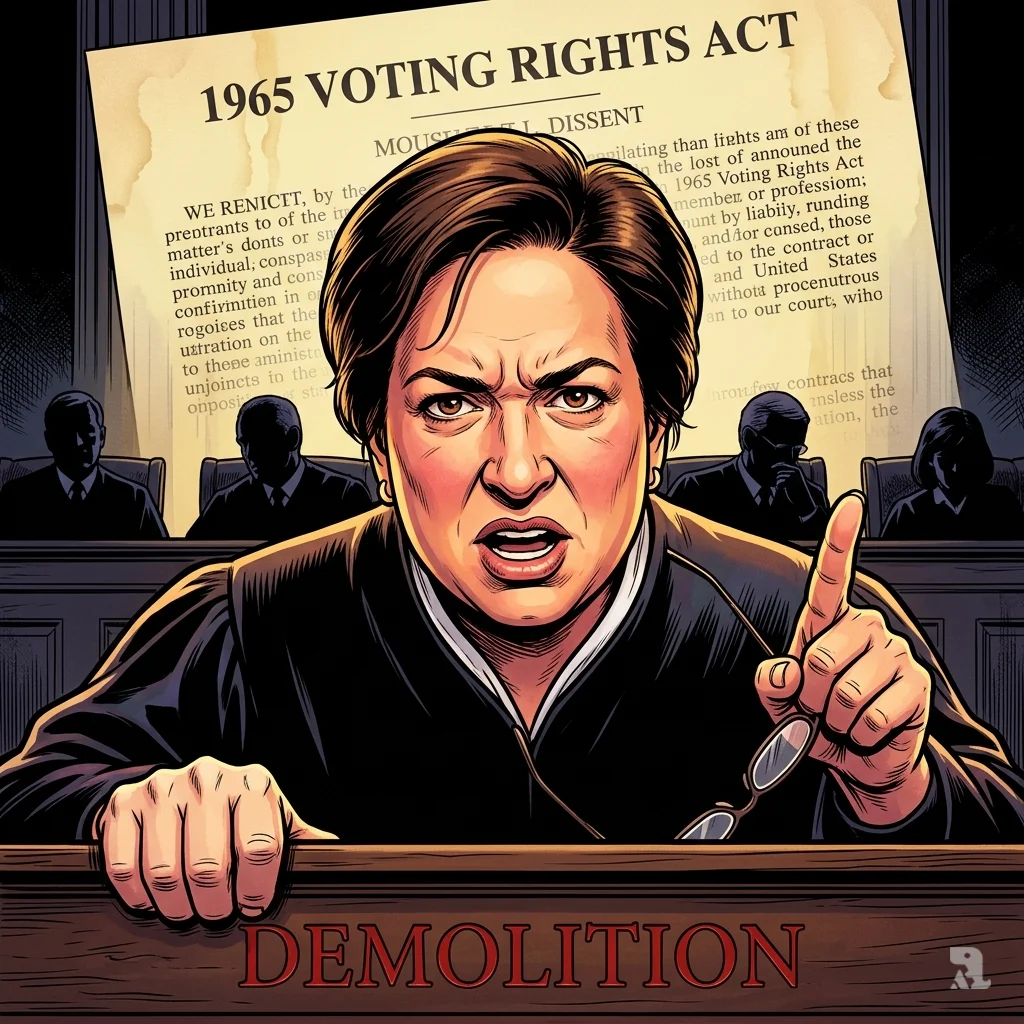 Justice Elena Kagan delivers a fiery dissent, a fading Voting Rights Act document behind her, the word "DEMOLITION" carved into the bench.