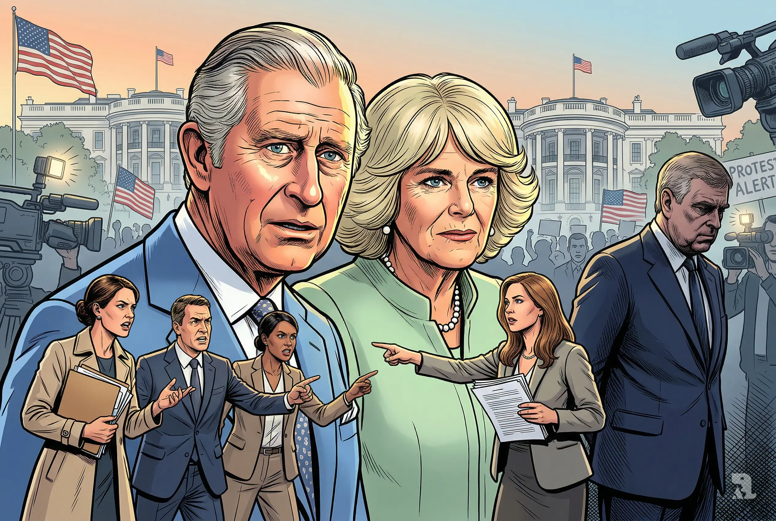 King Charles and Queen Camilla face Epstein victims and lawyers in Washington, while Prince Andrew stands shadowed behind, amid political tension and public confrontation.