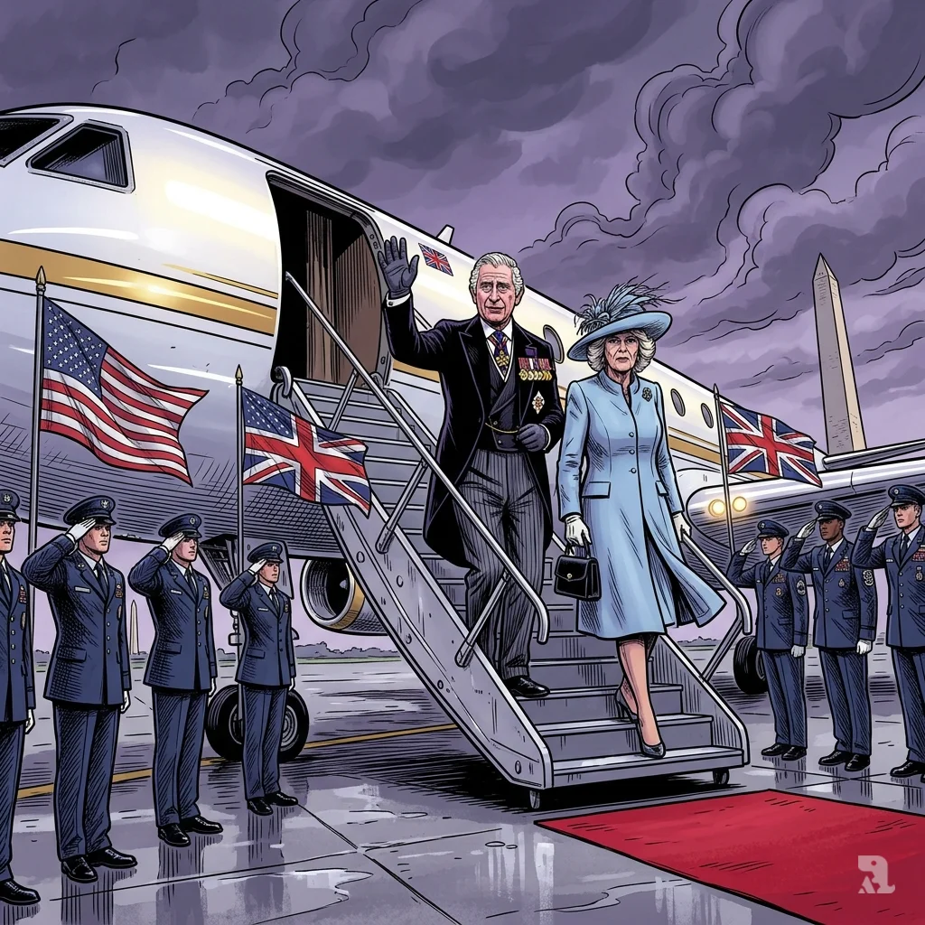 King Charles III and Queen Camilla descend royal aircraft at Andrews Air Force Base under stormy skies, military saluting.