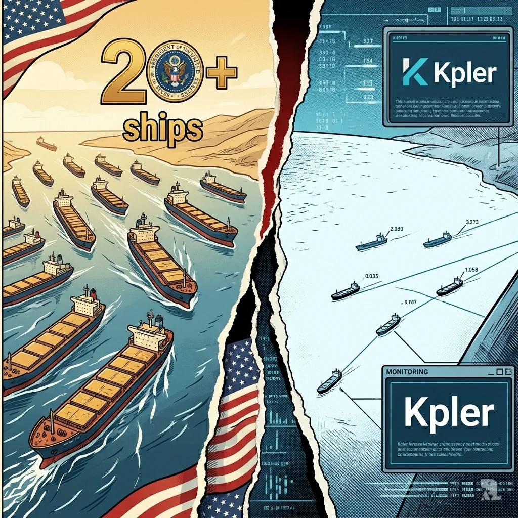 Split visualization contrasting official US claims of 20 ships with Kpler data showing only six vessels.