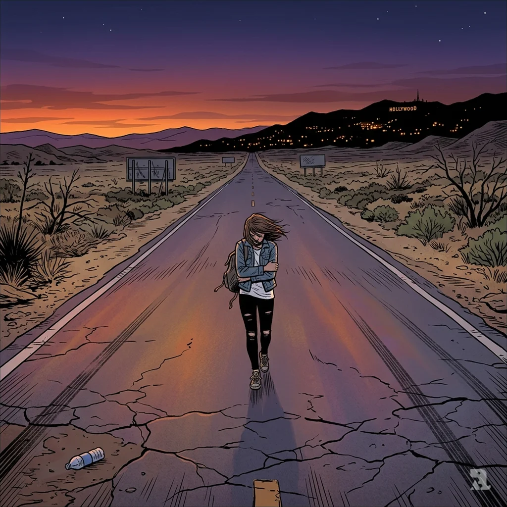 Aerial view of isolated teen girl with backpack walking a desolate highway near Lake Elsinore at dusk.