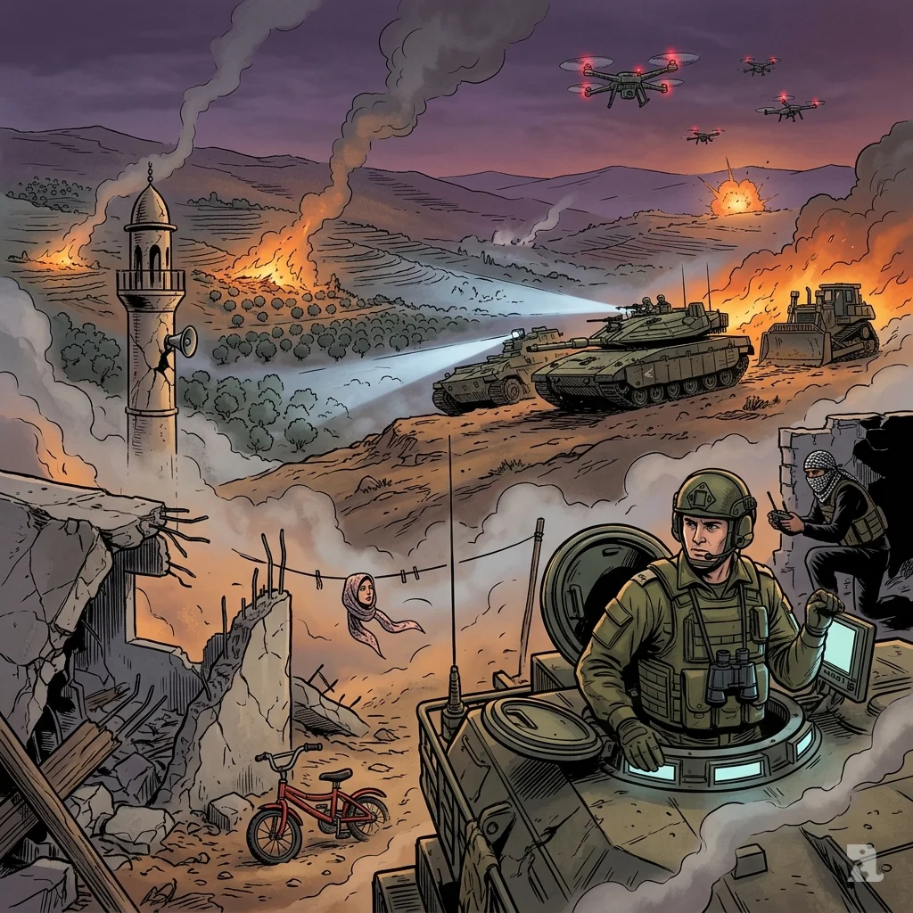 Destroyed home, child’s bicycle in rubble, Israeli tank on ridge, Hezbollah fighter with drone, smoke rising over Lebanon’s Beqaa Valley.