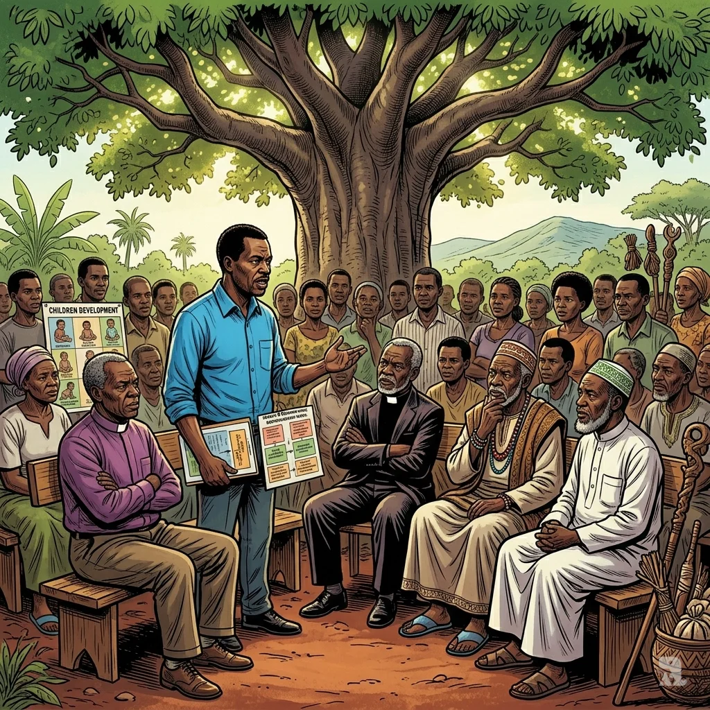 Christopher Mhone addresses religious elders under baobab tree in Malawi, challenging superstition about autism.