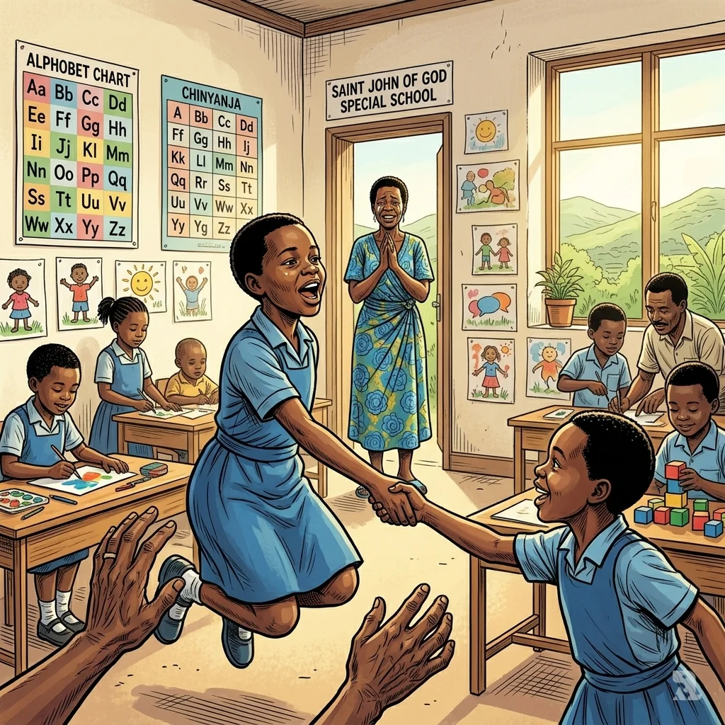 Joyful girl Rachael grabs friend's hand in Malawi special school classroom, mother Martha watches with tears of joy.