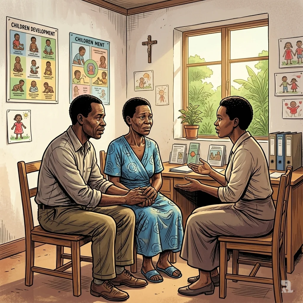 Martha and husband sit with counselor at Saint John of God facility Malawi, holding hands, fragile hope.