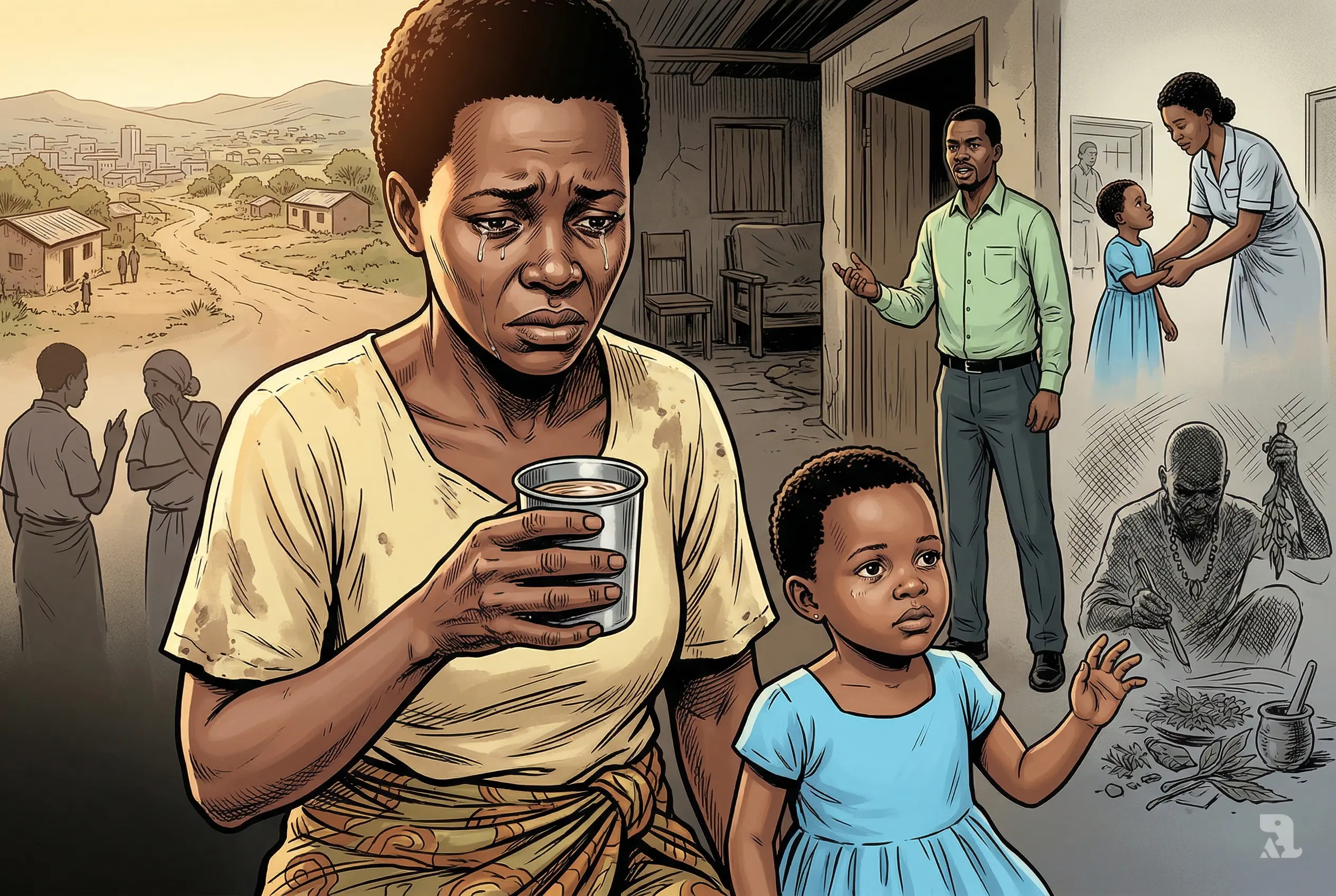Mother in Malawi holds poisoned cup with trembling hands while young autistic child stands nearby, emotional conflict visible against rural home and community backdrop.