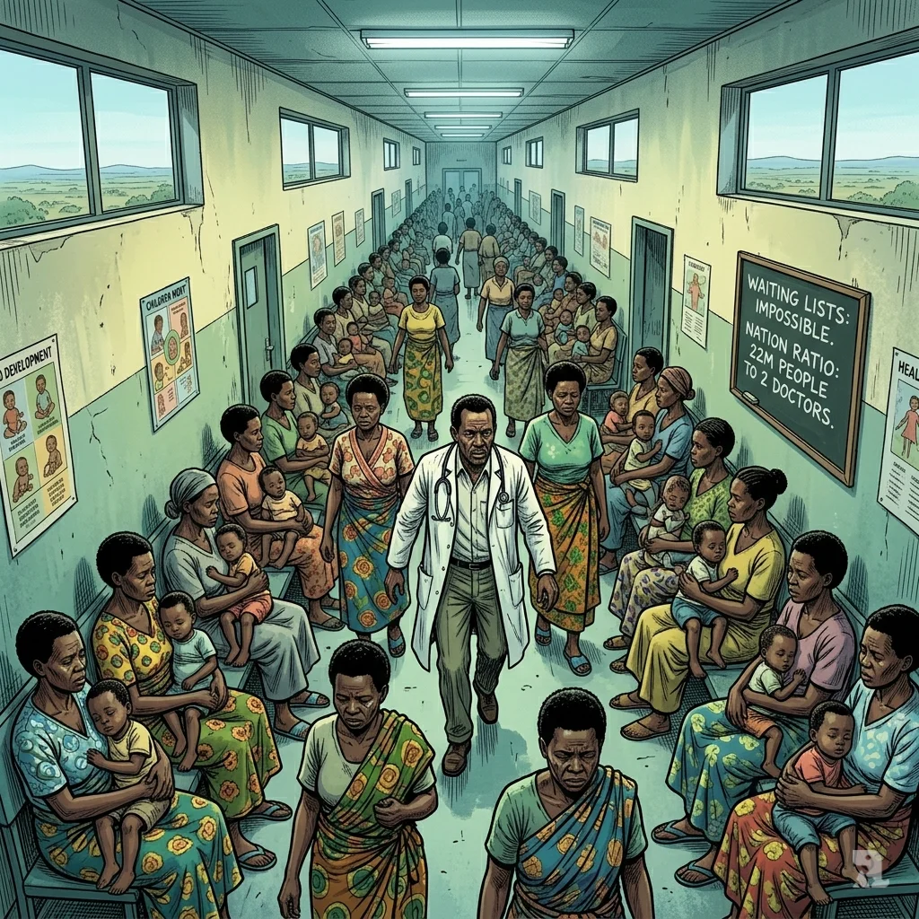 Overcrowded hospital corridor in Malawi with waiting mothers and children, single overwhelmed doctor, systemic failure.