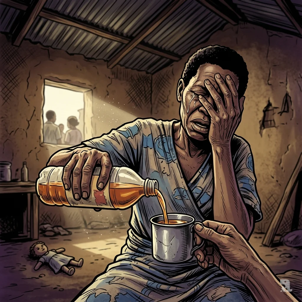 Malawi mother Martha Ongwane pours liquid from bottle into cup, trembling hands, rural kitchen, despair.