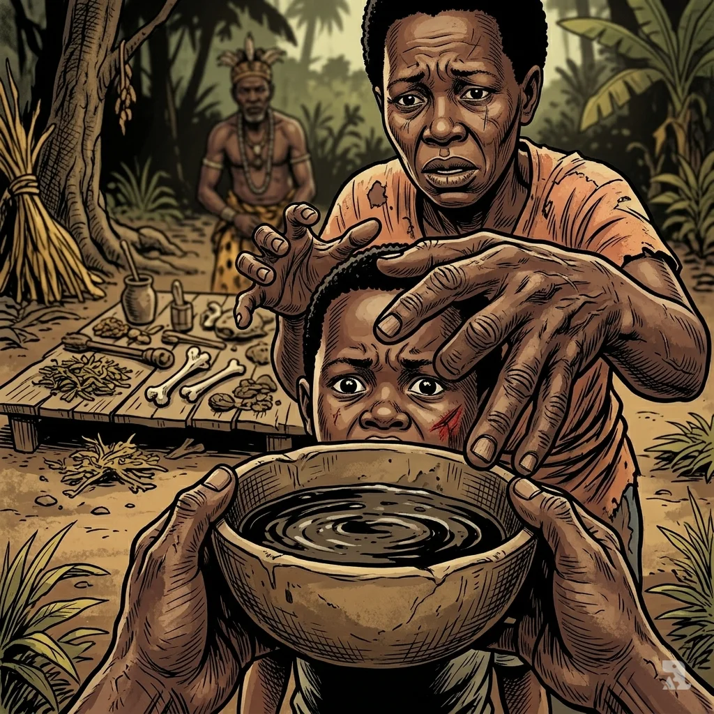 Desperate mother Natasha forces dark liquid to son Shalom's mouth at traditional healer in Malawi, harmful practice.