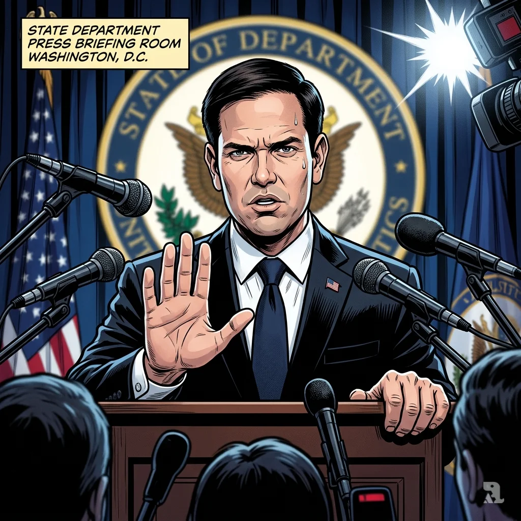 Marco Rubio rejects Iran proposal at State Department briefing, hand raised in refusal, surrounded by microphones, blurred official seal behind.