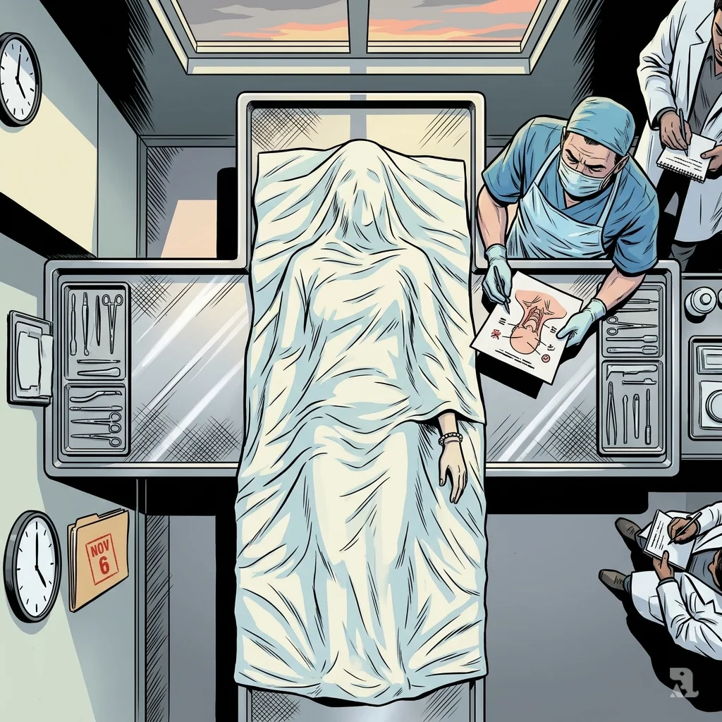 Overhead view: medical examiner beside a sheet-covered body, chart with neck diagram, Anna’s bracelet visible, “NOV 6” file, dawn light.